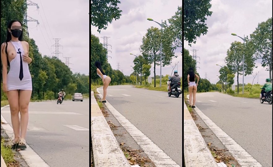 Public cực bạo giữa đường đông cố ý đợi mấy anh chạy qua mới vạch vú khoe lồn giữa ban ngày 
